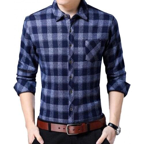 Men Shirts Casual Autumn Long Sleeve polyester Single-breasted Turn Down Collar Plaid Slim pocket Shirt Top Men chemise homme