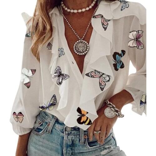 Women Button-down Ruffle Shirt, Adults Solid Color/Letter/Butterfly/Plant Print V-neck Long Sleeve Blouse Spring Autumn