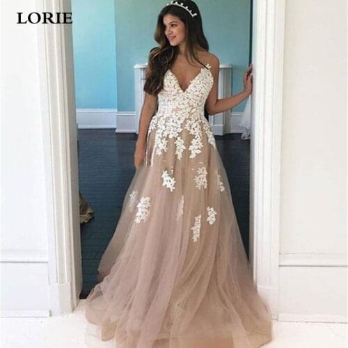 LORIE Champagne Lace Wedding Dresses 2020 robe de mariee Spaghetti Straps Lace Sexy Bridal Gown Elegant Backless Wedding Gowns