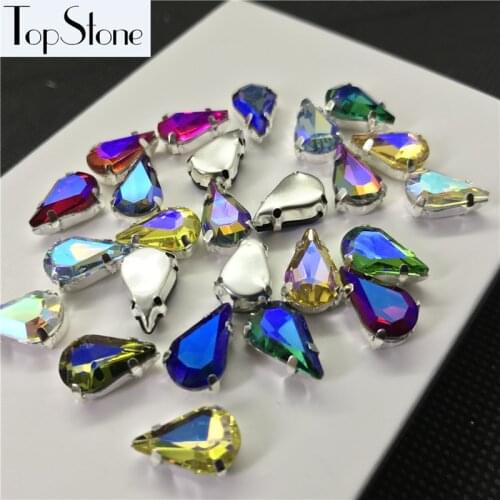 Topstone Colors AB 6x10,8x13mm Teardrop Glass Fancy Stone with Metal Claw Setting Droplet Sewing Crystals Jewelry Beads