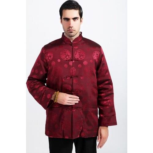 Vintage Burgundy Chinese Men Silk Satin Coat Winter Thick Cotton-Padded Jacket Warm Overcoat Outwear Size M L XL XXL XXXL