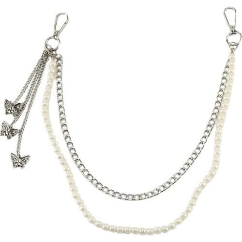 Punk Fashion Women Pearl Butterfly Jeans Waist Chain Hip Hop Belt Pants Key Chain Metal Chain Clothing Accessories Jewelry Gift