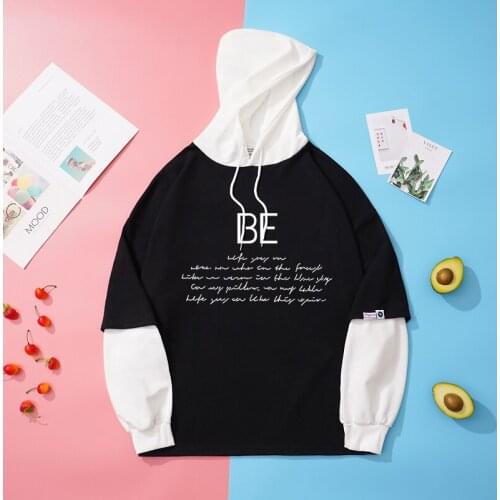 Women Hooded Sweatshirts Letter Print Colorblock Patchwork Casual Pullover 2021 Spring Female Drawstring Tracksuits Tops
