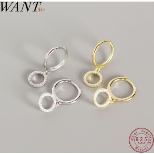 WANTME Real 100% 925 Sterling Silver Round Circle Pendant Dangle Crystal Zircon Stud Earrings for Women Fine Jewelry Accessories