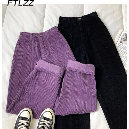 Women Corduroy Straight Leg Pants 2021 Spring Autumn Korean High Waist Retro Casual Pants Woman Button Fly Streetwear Baggy Pant