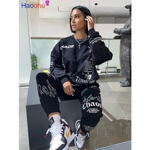HAOOHU Letter Print Loose 2 Two Piece Set Women Outfit Streetwear Tracksuit Sweatshirt +Joggers Women Pants Matching Set
