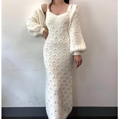 Korean Fashion Ladies Sweater Suit 2021 Spring Autumn Solid Color Long Cardigan Sweater + Knitted Suspender Dress Two-Piece Suit