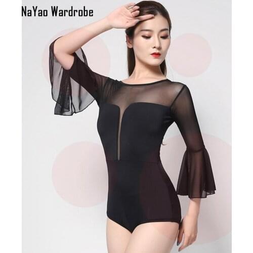 2021 L2020184 Bare V Back Women Latin Dance Bodysuit Lotus Sleeve Latin Dancing Tops for Samba Tango Chacha Belly Performamnce