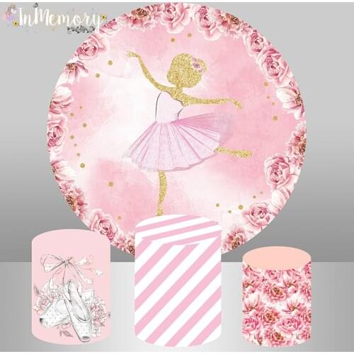 Gold Glitter Fairy Dance Ballerina Party Round Backdrop Flower Pink Girls Birthday Circle Background Party Decor Photo Studio