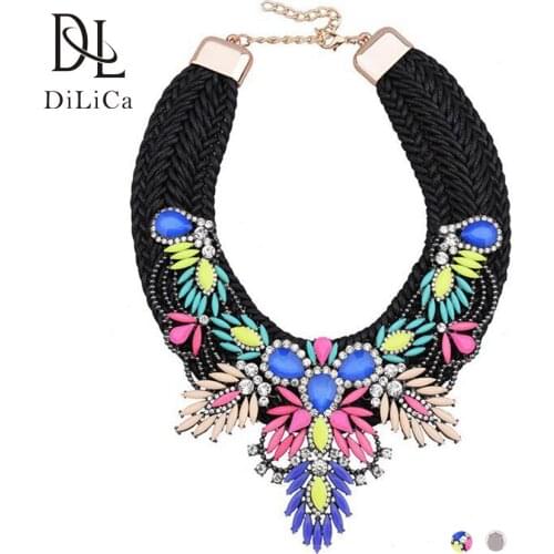 DiLiCa Fashion Women Statement Necklace Bohemian Rhinestone Flower Charms Choker Bib Necklaces Female Necklaces&Pendants Jewelry