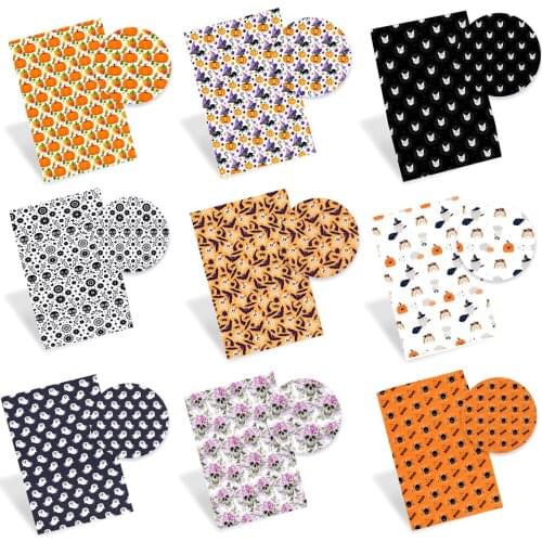 Halloween Faux Leather Sheets Fabric Bat Skull Ghost Print A4 Synthetic Faux Hairbow Fabric DIY Accessories Synthetic Leather