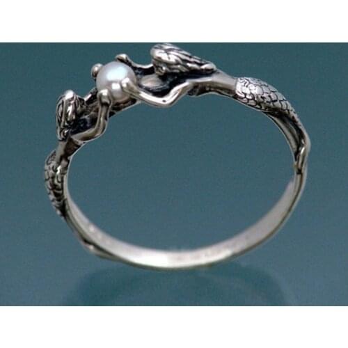 Magnificent Two Mermaids with Pearl Rings Bride Wedding Engagement Jewelry For Women Ladies Antique Silver Color Love Gifts