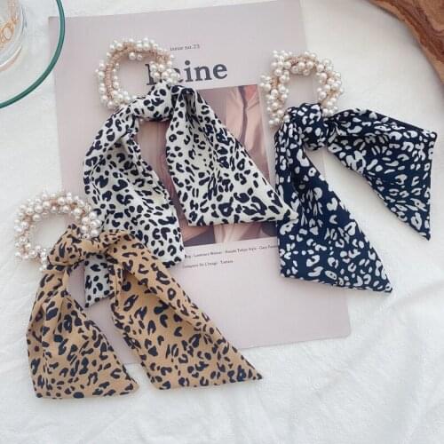 Korean Version Of The Pastoral Print Pure Color Seaside Silk Scarf Ribbon Pearl Hair Ring Bowknot Ladies Hair Rope All-Match