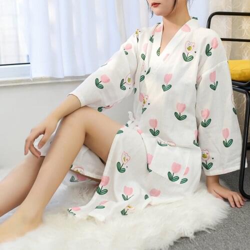 Summer Simple Thin Long Kimono Sleepwear Double Gauze Nightgown Cotton Long Sleeve Robes Three Quarter Cartoon Sleep Tops 2021