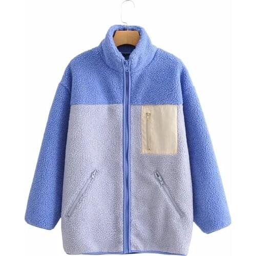 Merodi Winter Stylish Lady Patchwork Pocket Blue Loose Thick Coats Outwear Women Vogue Autumn Lamb Wool Turtleneck Long Jacket