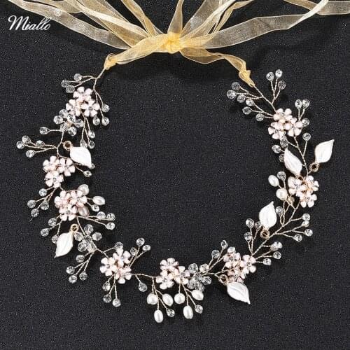 Miallo Flower and Leaves Crystal Wedding Hair Jewelry Accessories Pearl Bridal Hair Vine Wedding Headband for Women Hairpieces