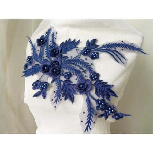 Fashion Navy Blue Beaded Applique Bridal Wedding Applique For Garment Clothing Embellishments 7 Colors