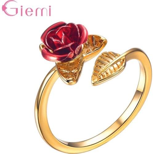 Genuine 925 Sterling Silver Luxury Simple Beautiful Red Rose Adjustable Open Rings For Women Girls Student Wife Party Jewelry