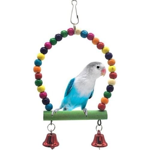 Natural Wooden Parrots Swing Toy Birds Perch Hanging Swings Cage With Colorful Beads Bells Toys Bird Supplies Random Color