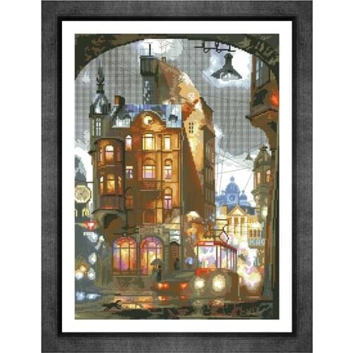 Night scenery cross stitch package city building bus 18ct 14ct 11ct cloth cotton thread embroidery DIY handmade needlework