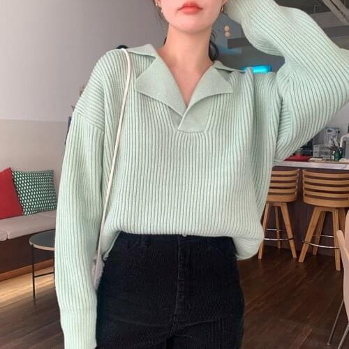 2021 the new pure color lapel ease long sleeve head thick sweater female harajuku recreational sweater