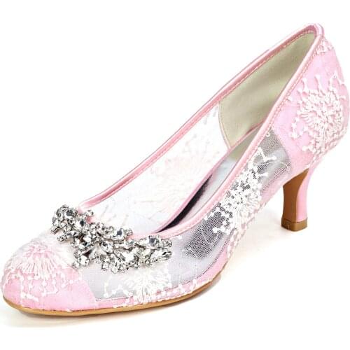 New Spring Middle Heels Rounded Toe See Through Lace Lady Dress Shoes Crystal Bridal Wedding Pumps Sweet Girl Prom Pink Black