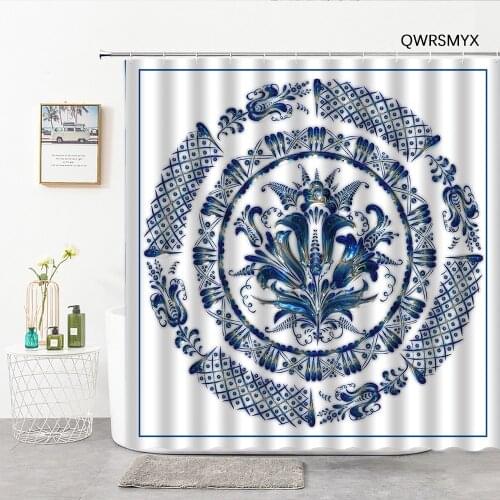 3D Blue Gilt Effect Circular Pattern Shower Curtains Fabric Bathtub Screen For Bathroom Home Decor Wall Bathroom Products