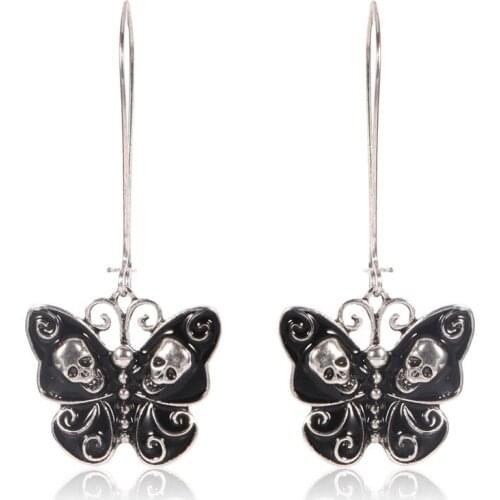 Womens Vintage Wedding Party Ear Jewelry Accessories Punk Gothic Butterfly Skull Dangle Earrings For Women Lady