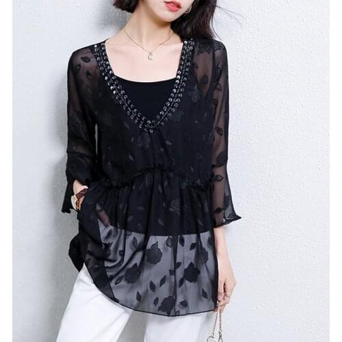 Thin Flowers Sequins V collar top Women 2021 Summer New Korean Loose Chiffon Ruffle Three Quarter-sleeved Womens Shirt 880F