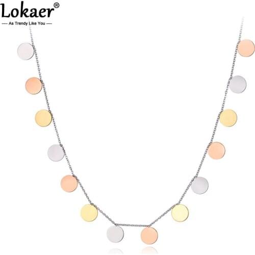 Lokaer Original Design Titanium Stainless Steel 3 Gold Color Wafer Charm Necklaces Pendant Chain Necklace For Women N19070