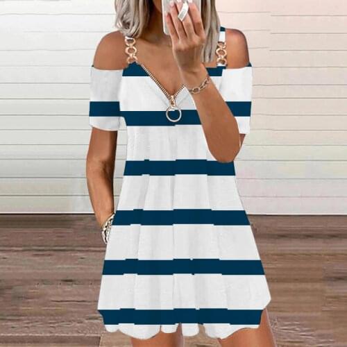 Sexy Zipper Womens Dress Casual Striped Printed Strap Open Back Summer Dress 2021 V-neck Short Sleeve Pocket Dresses 40