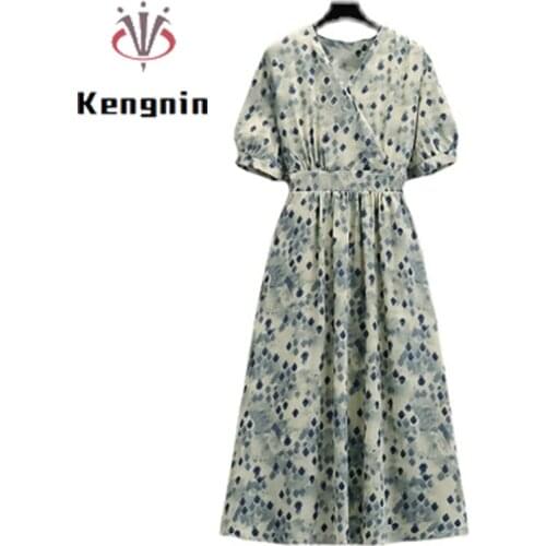 Plus Size 4XL Womens Dresses 2021 Summer Chiffon Dress Print Ladies Vestidos Dress Short Puff Sleeve Female Robe Dress KE1503