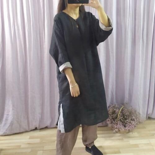 Women Loose Linen Reversible Dress Ladies Vintage Flax Dresses Female 2020 Spring Autumn Simple Dress