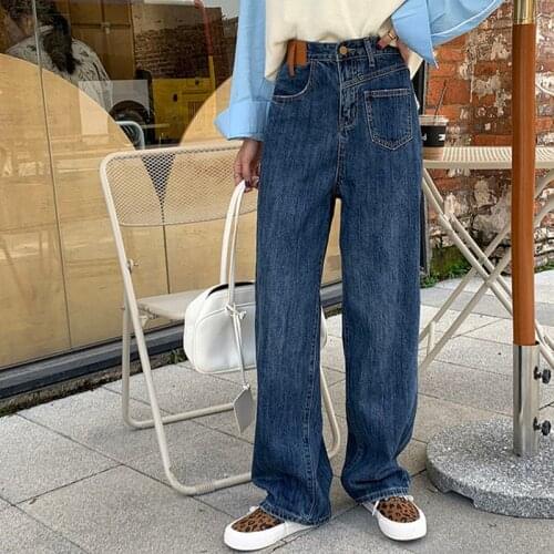 2021 New Spring Fashion High Waist Women Jeans Blue Straight Trousers Women Autumn Wide Legs Denim Pants Women