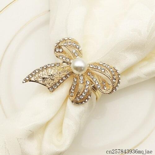 50pcs Pearl Bow Napkin Rings Rhinestone Napkin Buckle Hotel Wedding Party Table Decoration