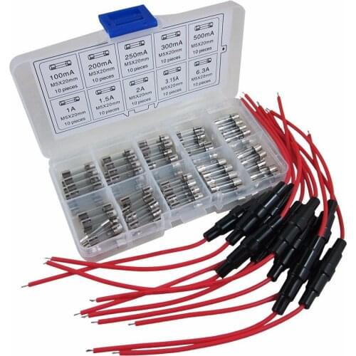 5x20mm 22 AWG Wire Fuse Holder Quick Fast Glass Fuse Assorted 100ma 500ma 1A 2A