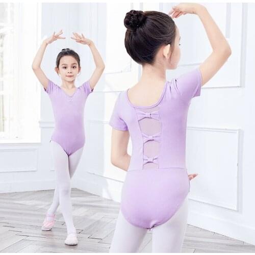 Girls Dance Ballet Leotard dancing bodysuit Short Sleeves Full Cotton Mesh Splice V Neck Kids Dancewear