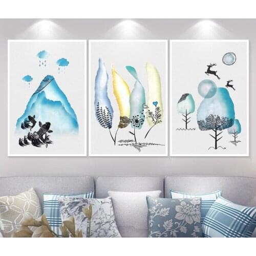 Unframed 3 Pieces/Set Abstract Landscape Deer Tree Dreamlike Painting Living Room Wall Decor Canvas Art Modern Printing