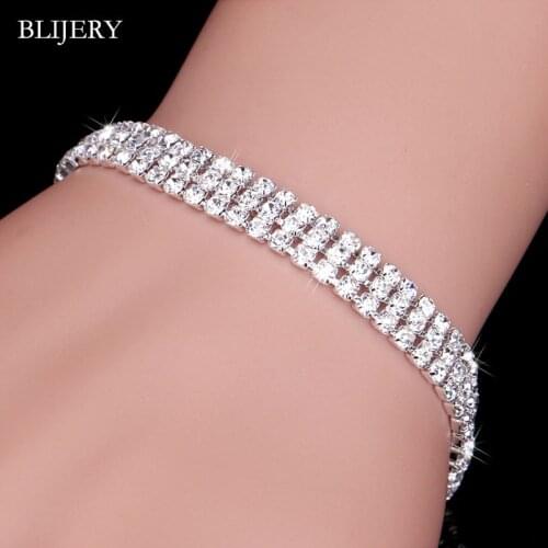 BLIJERY Sparkly Crystal Bridal Bracelets For Women Silver Color Rhinestone Bracelets & Bangles Birthday Wedding Jewelry Gifts