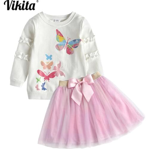 VIKITA Kids Clothes Autumn Girls Set Long Sleeve Tops Tees + Mini Skirts Children 2 pcs Girl Clothing Suits 3-8 Yrs Outfits