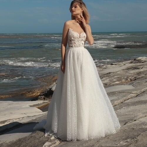 2021 Long Boho A-Line Illusion Back Wedding Dress 3D Flowers Appliques Bride Dresses Princess Floor Length Wedding Gowns