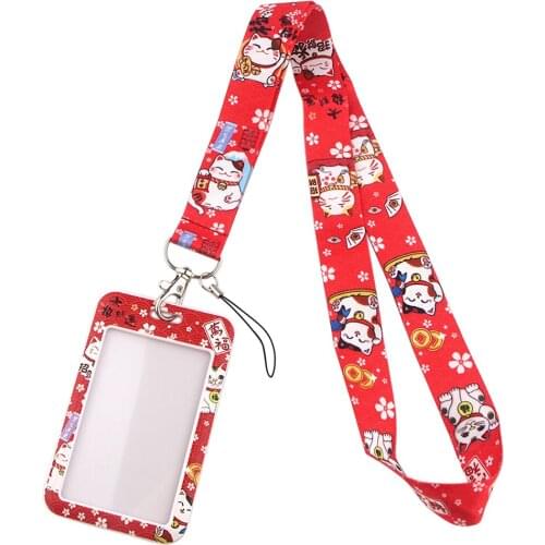 DZ1498 Cute Red lucky Cat Print Keychain Ribbon Lanyards for Keys ID Card Phone Straps Hanging Rope Lariat Students Badge Holder