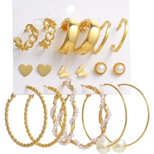 EN Trendy Big Pearl Drop Earrings Set For Women Fashion Gold Geometric Circle Chain Earrings 2021 NEW Set of Earrings Jewelry