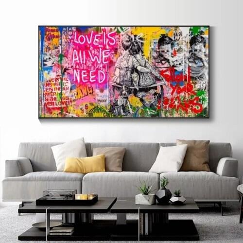 Graffiti Banksy Art Love Is All We Need Oil Canvas Paintings on Wall Street Art Poster and Print Decorative Picture Home Decor