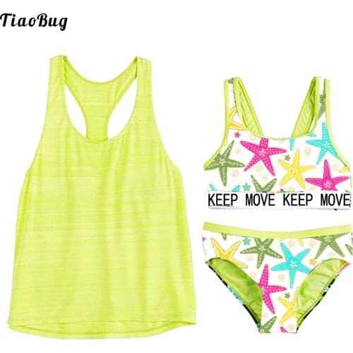 TiaoBug Summer 3Pcs Kids Girls Swimsuit Straps Sleeveless Cropped Tops With Racer Back Vest Tops And Briefs Bikini Sets Swimwear
