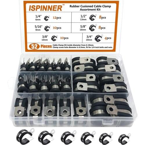Hardware Parts Cable Clamp 52pcs Rubber Cushion Insulated Clamp 304 Stainless Steel Metal Clamp