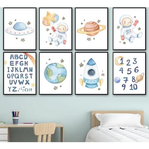 Cute Cartoon Astronaut Rocket Earth Spaceship Wall Art Canvas Painting Nordic Posters And Prints Wall Pictures Kids Room Decor