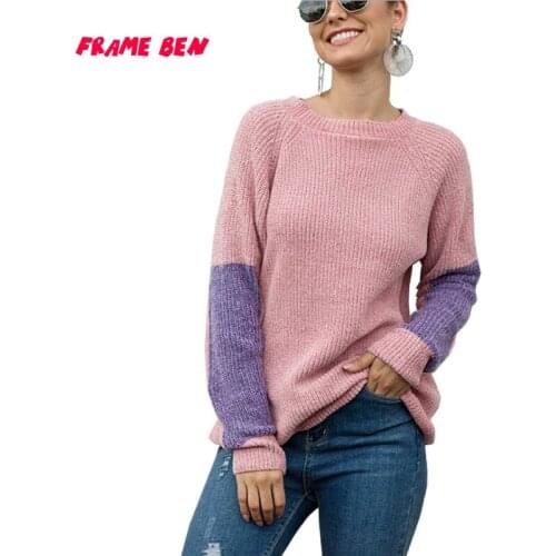 FRAME BEN 2019 New Autumn Winter Patchwork Knitted Sweaters Women Loose Long Sleeve O-Neck Pullover Jumpers