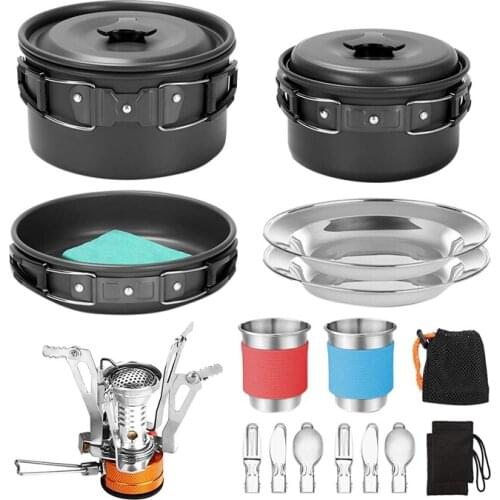 Camping Cookware Kit Non-Stick Lightweight Pot Pan Kettle Set with Stainless Steel Cups Plates for Outdoor Cooking