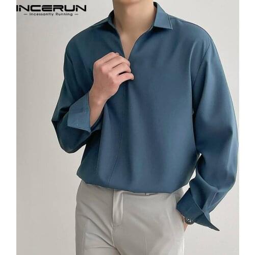 INCERUN Men Casual Shirt Turn Down Collar 2021 Solid Color Long Sleeve Loose Korean Men Clothing Streetwear Leisure Camisa S-3XL